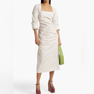 Ganni Pleated Crinkled Poplin Midi Dress, Cherry Blossom